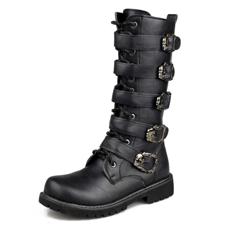 YBQJOO Men's PU Leather Motorcycle Boots | High Over the Knee Gothic Punk Boots | Stylish Buckle Strap Design - Premium boots from Lizard Vigilante - Just $89.99! Shop now at Lizard Vigilante