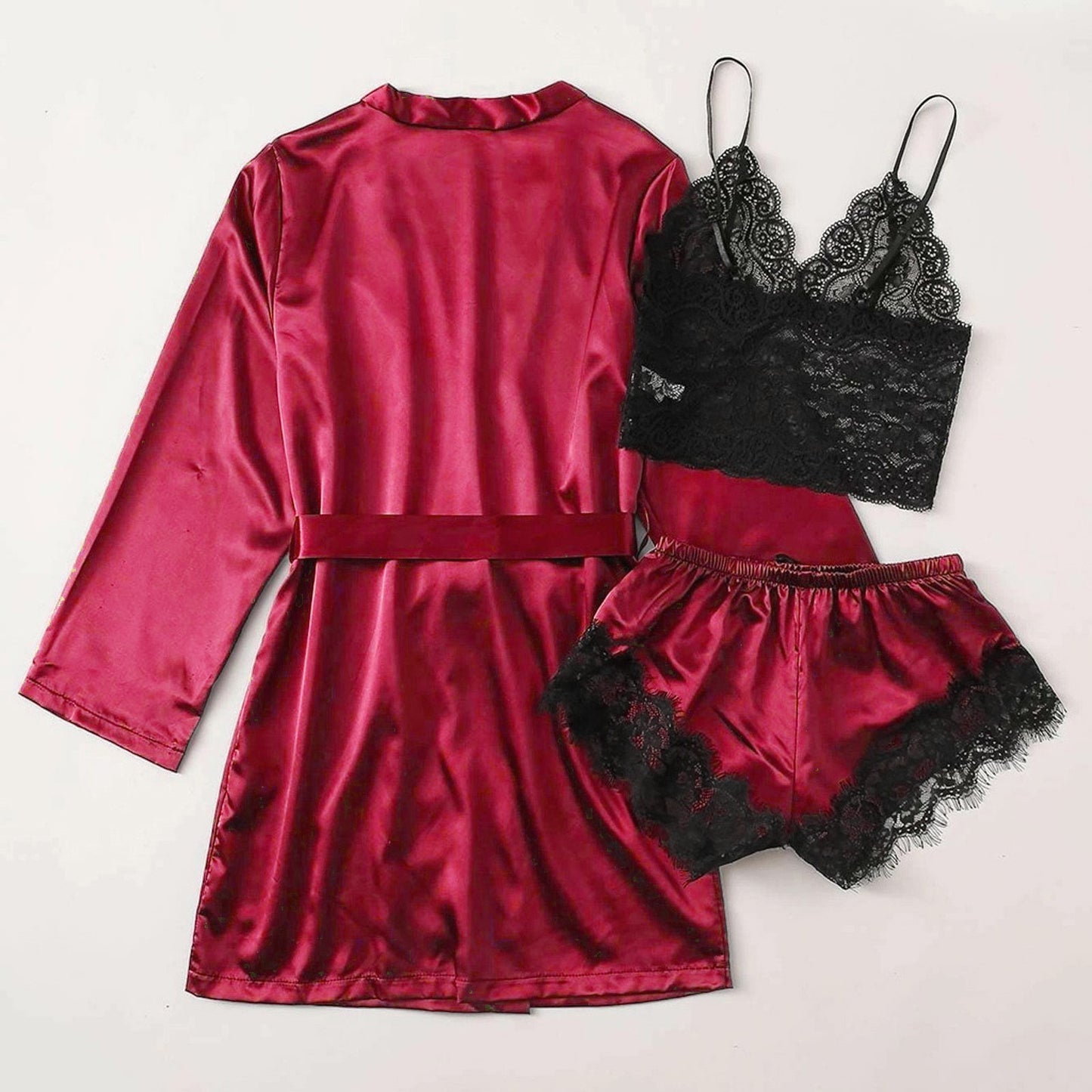 3-Piece Satin Silk Pajamas Set for Women – Sexy Lace Nightwear with Shorts, Robe, and Nightgown Sleepwear - Premium robe from Lizard Vigilante - Just $22.88! Shop now at Lizard Vigilante