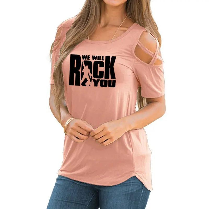 We Will Rock You Women T Shirt Summer Queen Rock Band T-shirt Short Sleeve Rock Roll Womens Off Shoulder Hollow Femme Tops - Lizard Vigilante