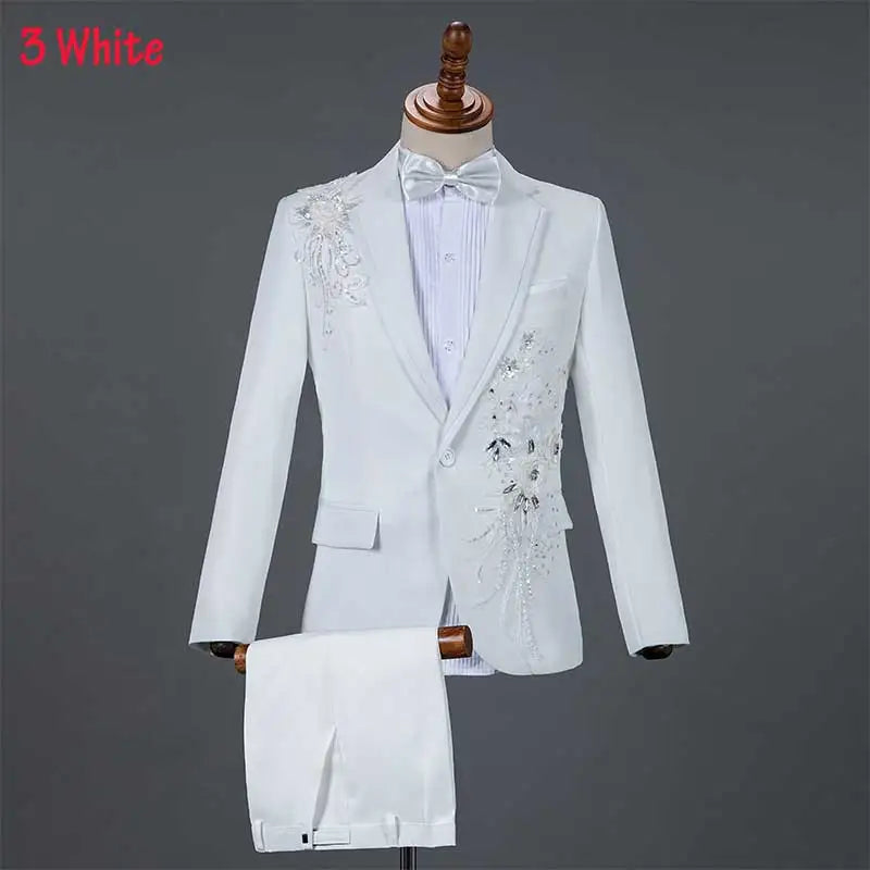 Mens Suits With Pants White Sparkly Crystals Embroidery Wedding Groom Tuxedo Suit Men Stand Collar Stage Costume Homme Mariage - Premium  from Lizard Vigilante - Just $88.88! Shop now at Lizard Vigilante