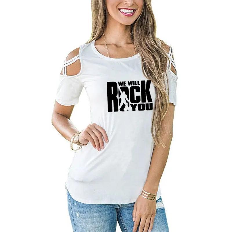 We Will Rock You Women T Shirt Summer Queen Rock Band T-shirt Short Sleeve Rock Roll Womens Off Shoulder Hollow Femme Tops - Lizard Vigilante