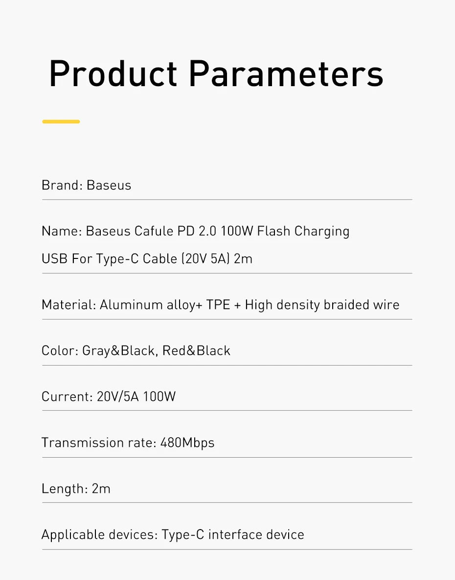 Baseus 100W USB-C to USB-C PD Fast Charging Cable – 5A Quick Charge 3.0 for MacBook, Samsung, Xiaomi, and More (2M) - Premium cable from Lizard Vigilante - Just $49.99! Shop now at Lizard Vigilante