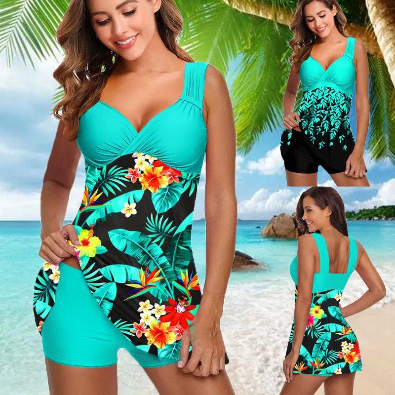 Plus Size Two Pieces Swimsuits Swimwear Women Flower Print Summer Large Bathing Suits Tankini Beachwear Sexy Bikini Swimdress - Lizard Vigilante