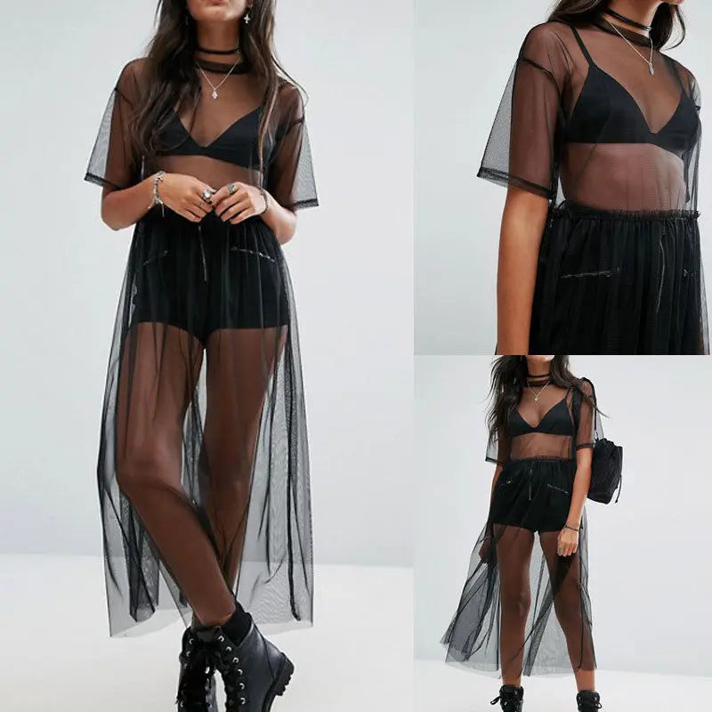 Sexy Women Party Evening Black  See Through Mesh Dress Sheer Maxi Dress Tulle Lace long Dress Casual Sexy Party Vintage Bodycon