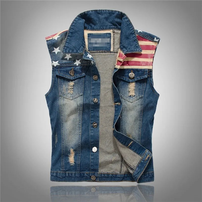 Sleeveless Jean Jacket Men Plus Size 5XL Dark Blue Denim Jeans Vest Cotton Lining Men Cowboy Vest - Lizard Vigilante