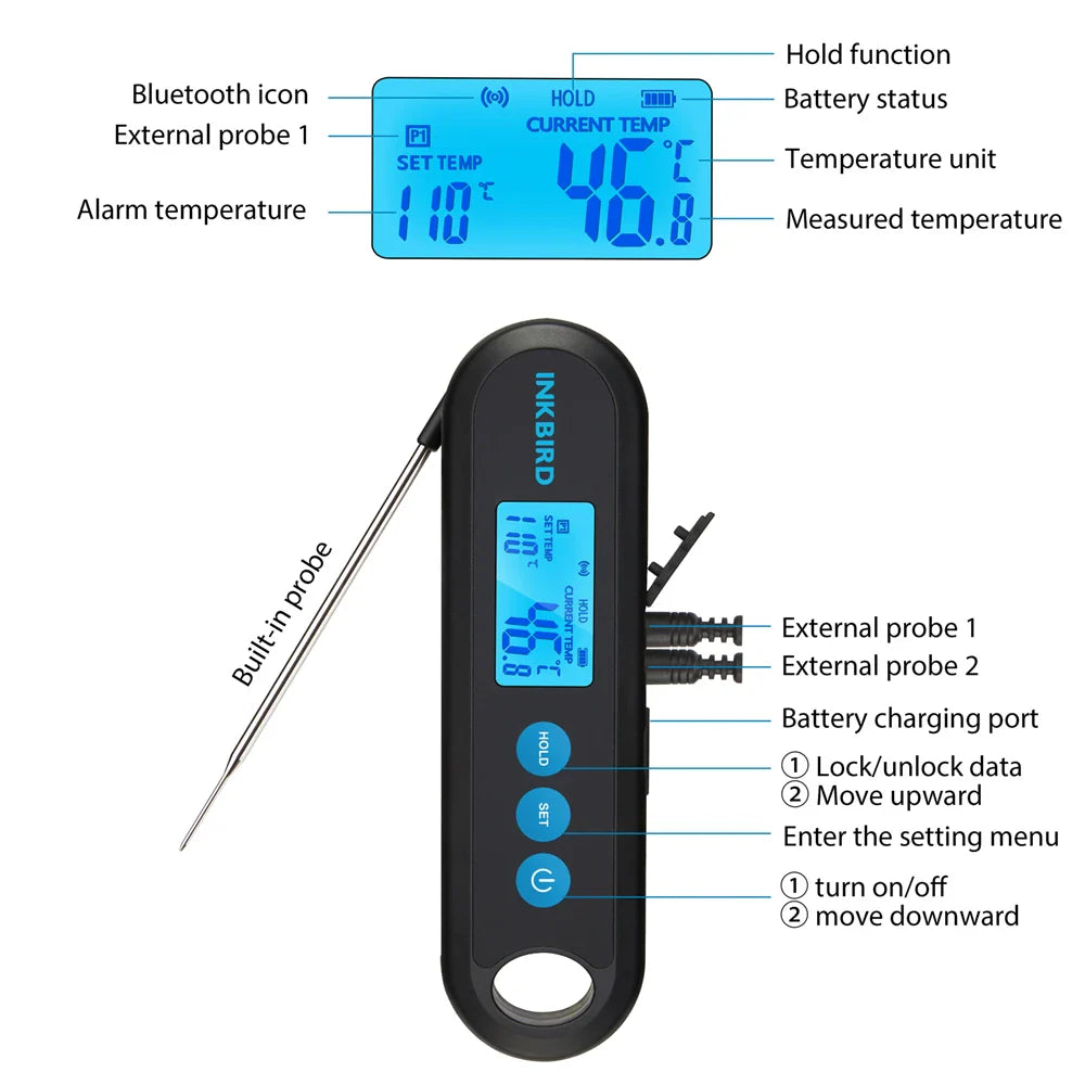 INKBIRD Digital Meat Thermometer With 2 External Probes IHT-2PB Backlight Display 2 Sec Instant Readout Bluetooth Rechargeable