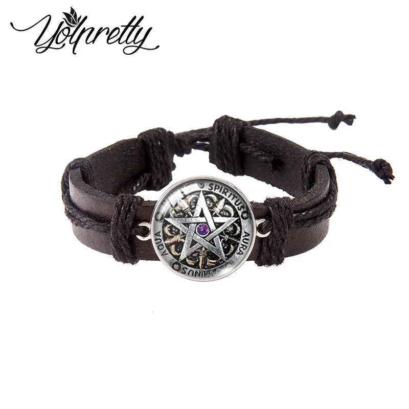 Occult Wiccan Pentagram Lace-up Leather Bracelet Glass Cabochon Charm Pendants Jewelry for men - Premium  from Lizard Vigilante - Just $16.66! Shop now at Lizard Vigilante