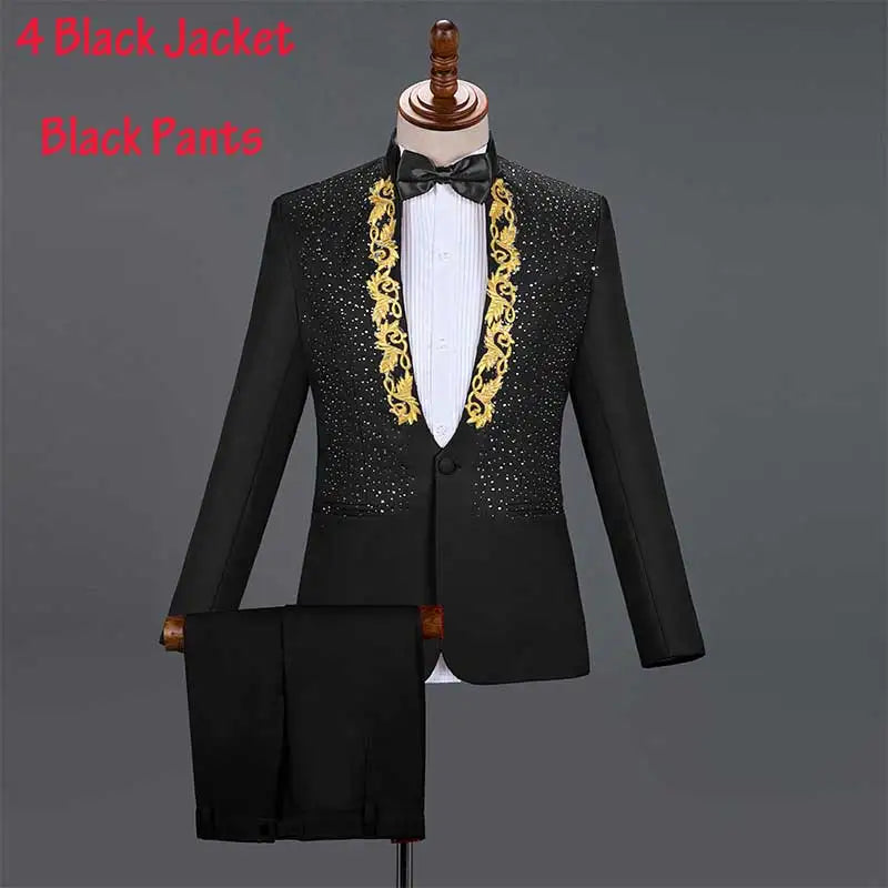 Mens Suits With Pants White Sparkly Crystals Embroidery Wedding Groom Tuxedo Suit Men Stand Collar Stage Costume Homme Mariage - Premium  from Lizard Vigilante - Just $88.88! Shop now at Lizard Vigilante