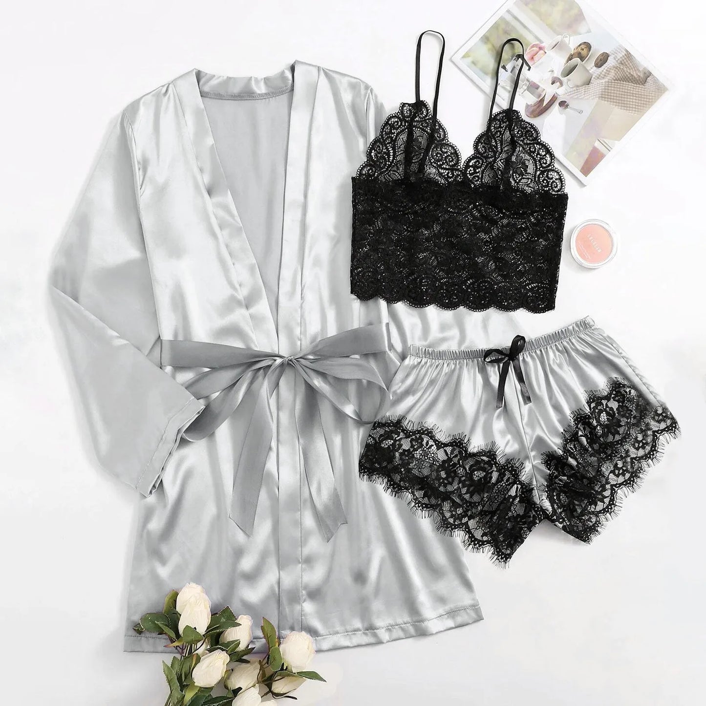 3-Piece Satin Silk Pajamas Set for Women – Sexy Lace Nightwear with Shorts, Robe, and Nightgown Sleepwear - Premium robe from Lizard Vigilante - Just $22.88! Shop now at Lizard Vigilante