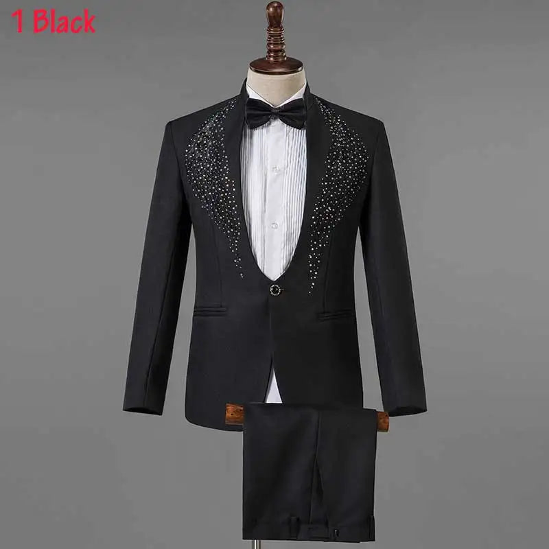 Mens Suits With Pants White Sparkly Crystals Embroidery Wedding Groom Tuxedo Suit Men Stand Collar Stage Costume Homme Mariage - Premium  from Lizard Vigilante - Just $88.88! Shop now at Lizard Vigilante