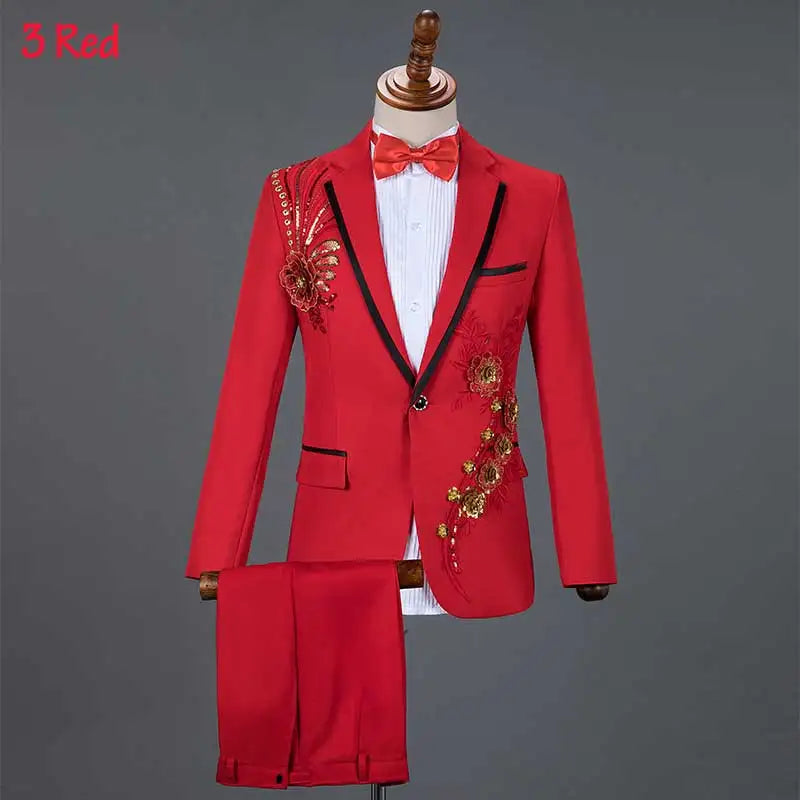 Mens Suits With Pants White Sparkly Crystals Embroidery Wedding Groom Tuxedo Suit Men Stand Collar Stage Costume Homme Mariage - Premium  from Lizard Vigilante - Just $88.88! Shop now at Lizard Vigilante