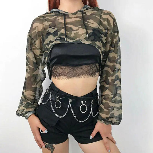 Long Sleeve Tshirt Mesh Top Hooded Hollow Out Sexy Punk Rock Short Crop Top White T-shirt Fishnet Black Women Clothing Tops Tees - Premium Crop Top from Lizard Vigilante - Just $26.99! Shop now at Lizard Vigilante