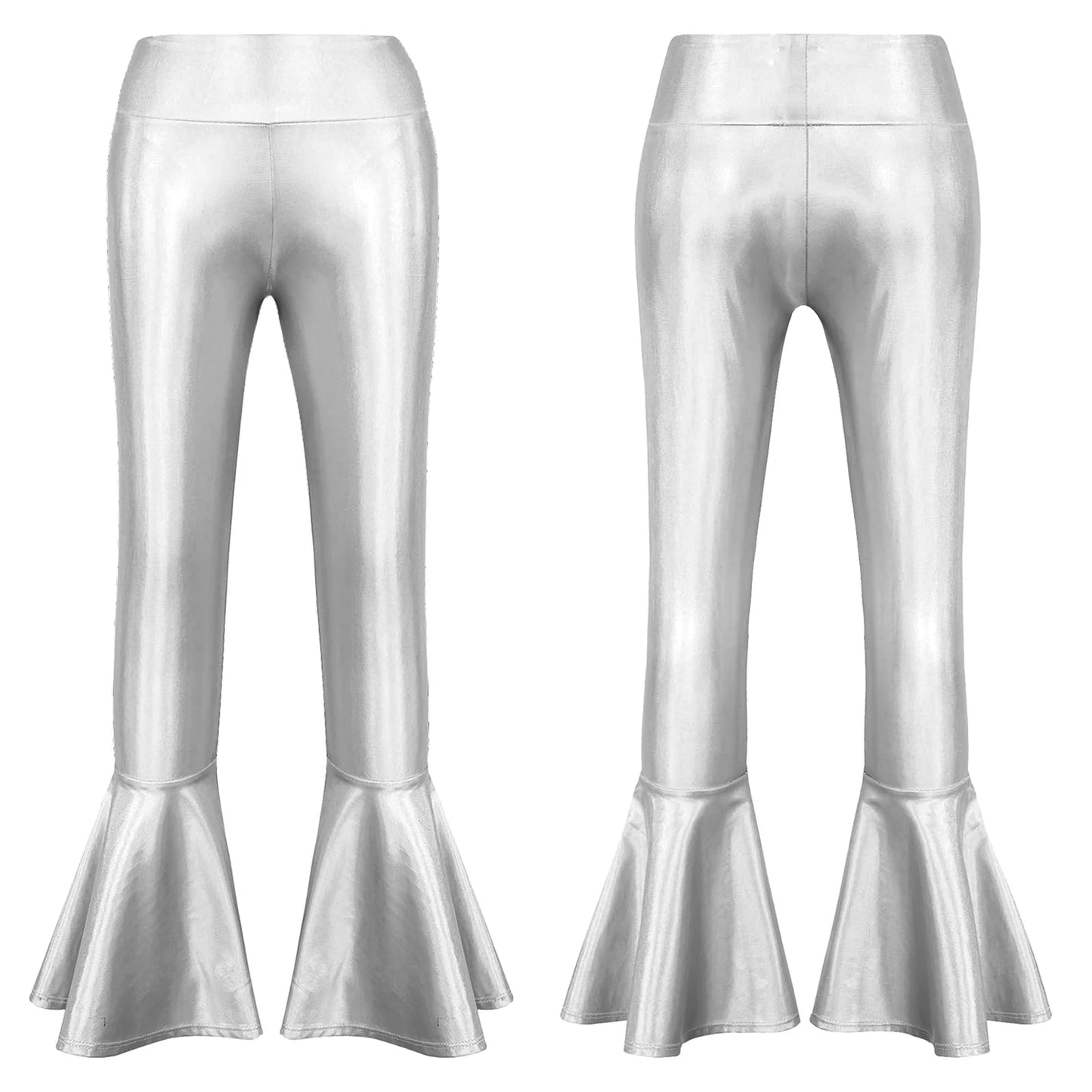 Metallic Flared Long Pants Kids Girls Shiny High Waist Ruffle Bell-bottom Pants Modern Jazz Disco Stage Performance Trousers - Premium pants from Lizard Vigilante - Just $24.99! Shop now at Lizard Vigilante