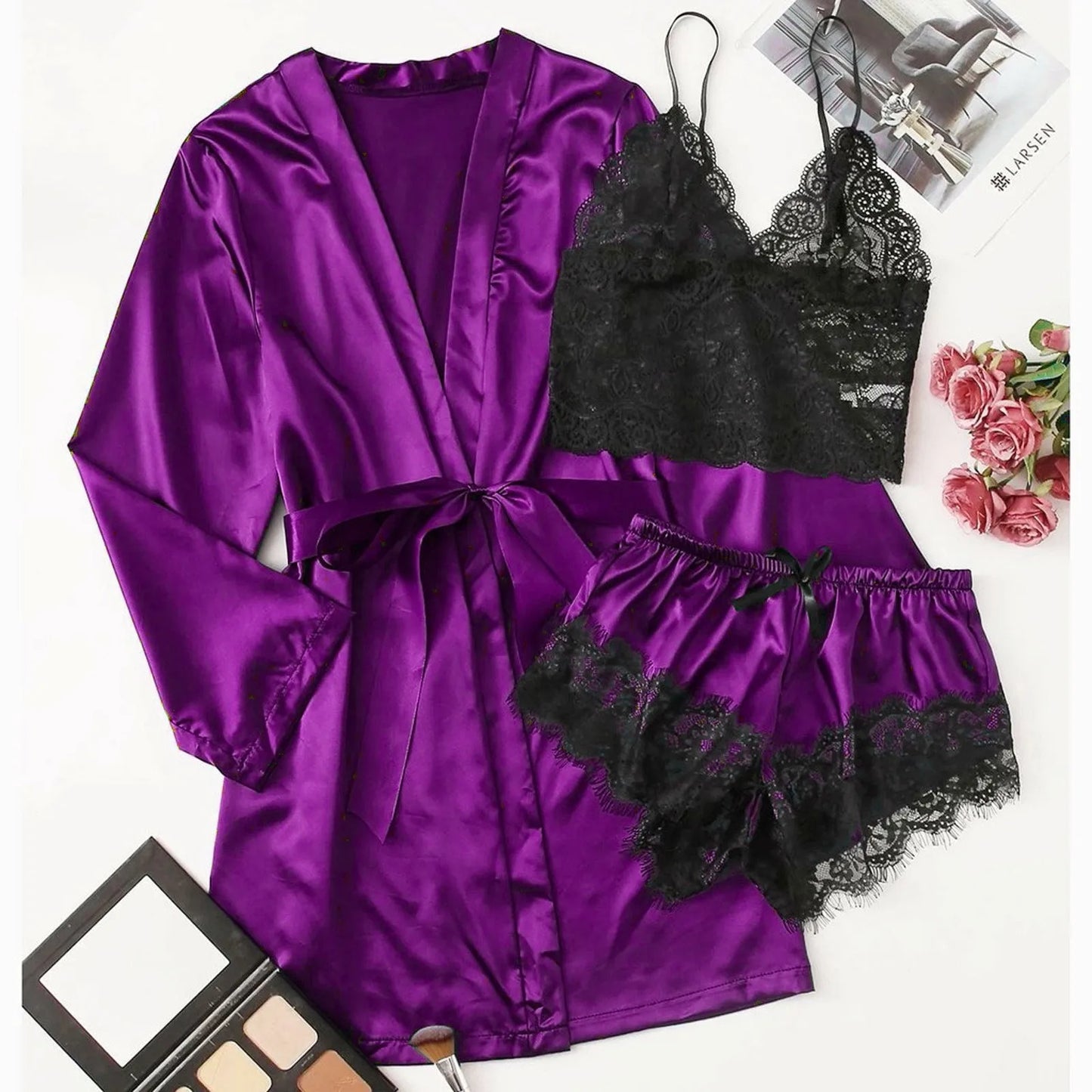 3-Piece Satin Silk Pajamas Set for Women – Sexy Lace Nightwear with Shorts, Robe, and Nightgown Sleepwear - Premium robe from Lizard Vigilante - Just $22.88! Shop now at Lizard Vigilante