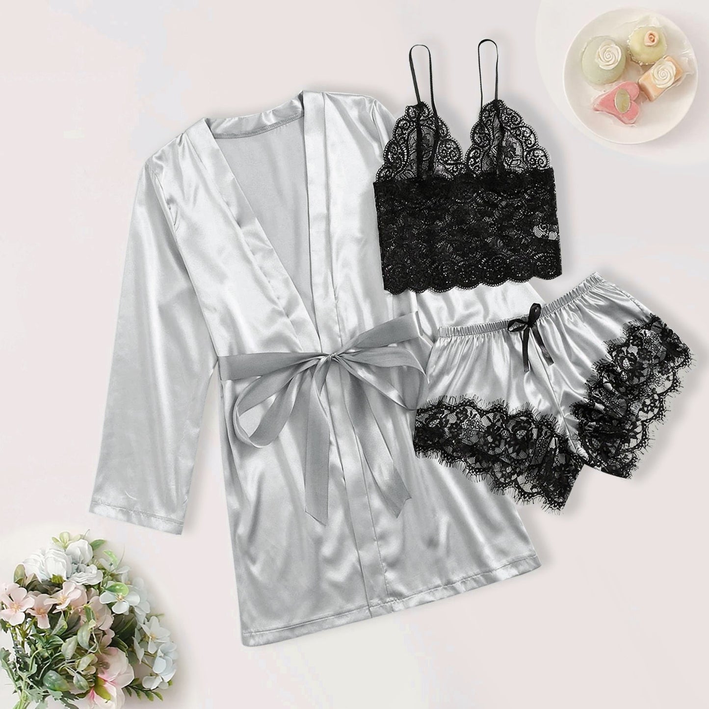 3-Piece Satin Silk Pajamas Set for Women – Sexy Lace Nightwear with Shorts, Robe, and Nightgown Sleepwear - Premium robe from Lizard Vigilante - Just $22.88! Shop now at Lizard Vigilante