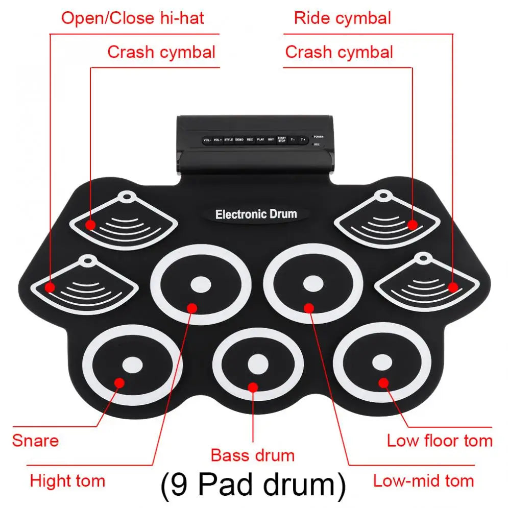 9 Pads Electronic Roll Up Silicone Drum Kit with Drumsticks & Sustain Pedal Hand Percussion Gift Musical Percussion Instrument - Lizard Vigilante