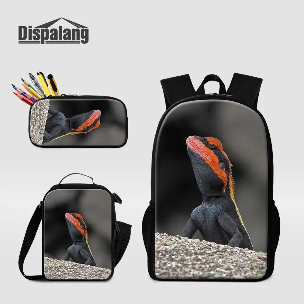 3 Piece Pencil Case School Bags Set Lizard Picnic Food Cooler Lizard Vigilante Reptile Print Schoolbag Boys Fashion Bagpack Children - Premium  from Lizard Vigilante - Just $64.69! Shop now at Lizard Vigilante