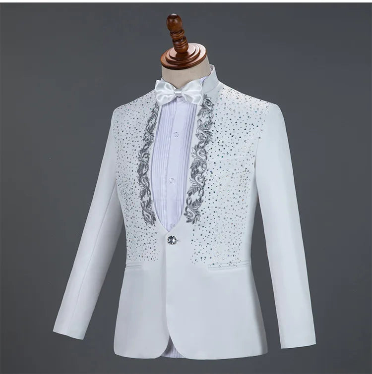 Mens Suits With Pants White Sparkly Crystals Embroidery Wedding Groom Tuxedo Suit Men Stand Collar Stage Costume Homme Mariage - Premium  from Lizard Vigilante - Just $88.88! Shop now at Lizard Vigilante