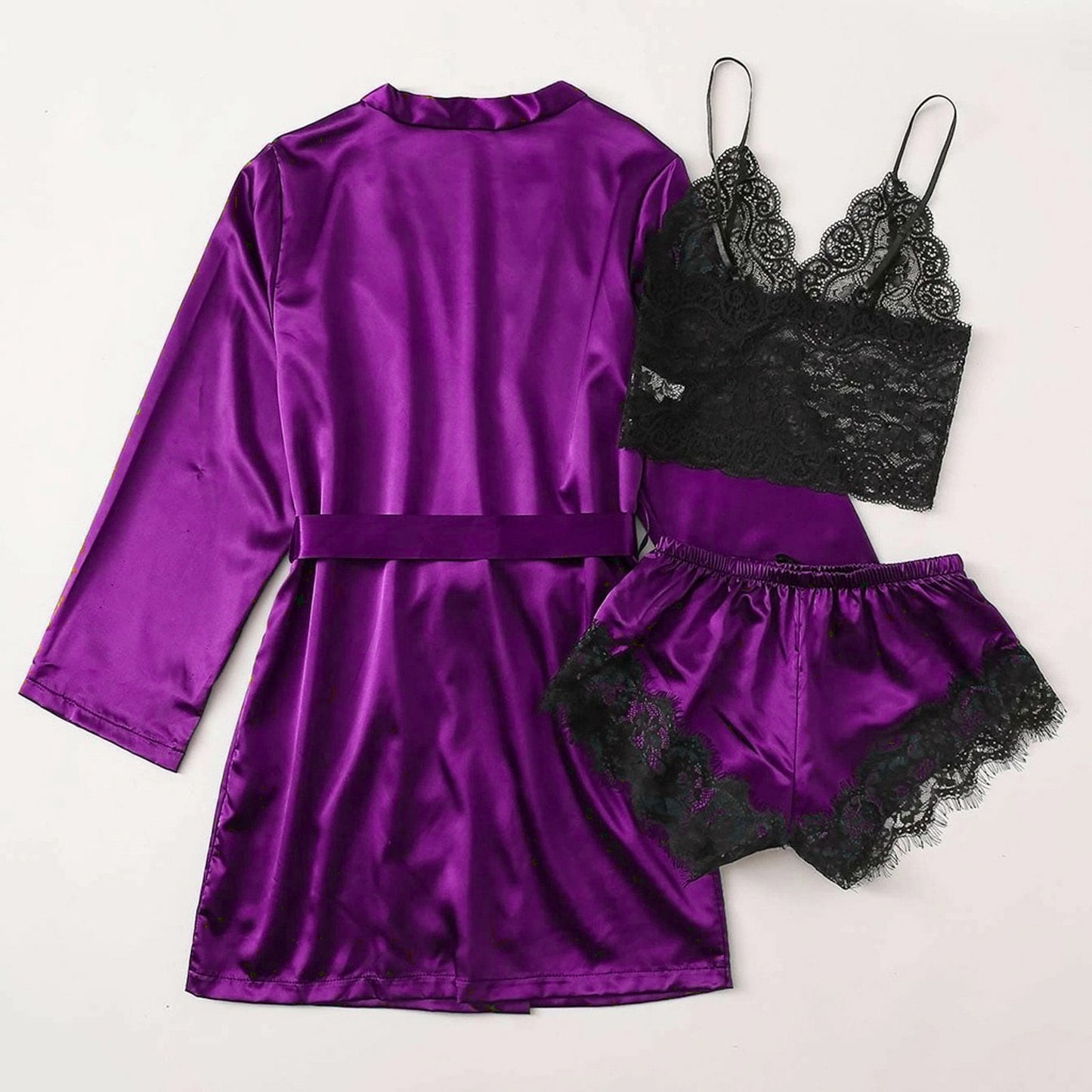 3-Piece Satin Silk Pajamas Set for Women – Sexy Lace Nightwear with Shorts, Robe, and Nightgown Sleepwear - Premium robe from Lizard Vigilante - Just $22.88! Shop now at Lizard Vigilante