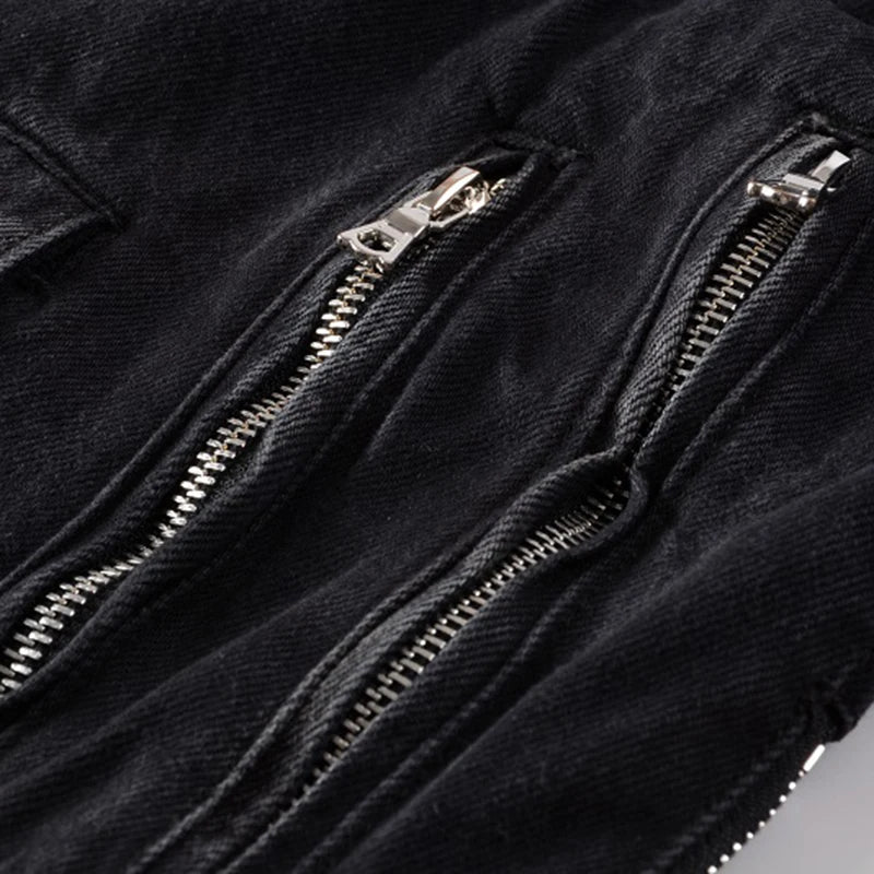 Sokotoo Men's Black Biker Denim Jacket – Streetwear Slim Fit Coat with Belt and Zipper Accents - Premium jacket from Lizard Vigilante - Just $131.99! Shop now at Lizard Vigilante