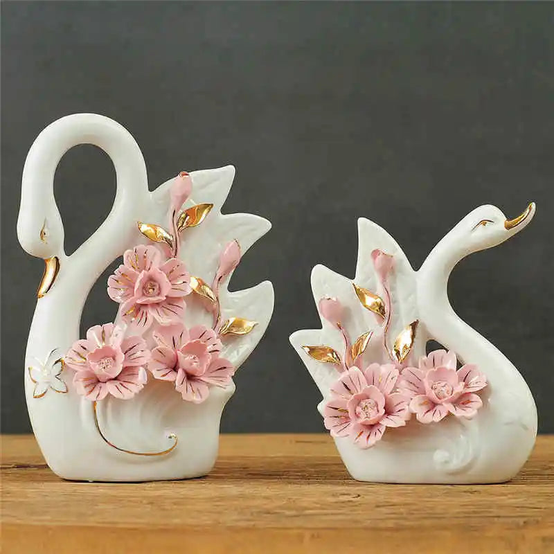 2PCS Swan Statue Pretty Creative Swan Sculpture Figurines Ceramic Crafts Art Home Decoration Accessories1 Pair Wedding Gift