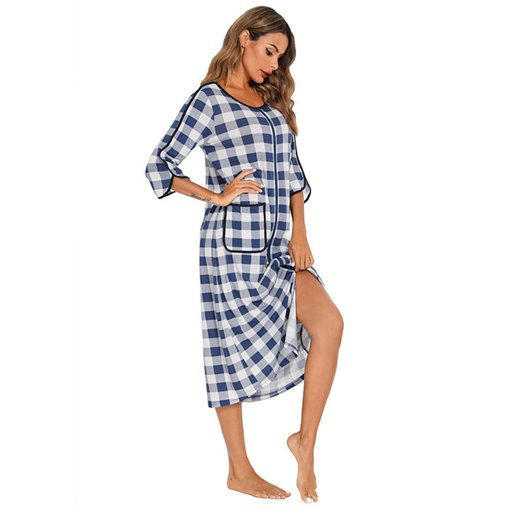 Women's Cozy Autumn Plaid Zipper Robe | Soft Long Nightgown & Warm Maternity Loungewear | Zipper-Front Bathrobe Pajamas - Premium robe from Lizard Vigilante - Just $23.88! Shop now at Lizard Vigilante