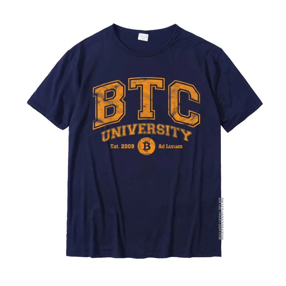 BTC University To The Moon Distressed Bitcoin College Graphic T Shirt
