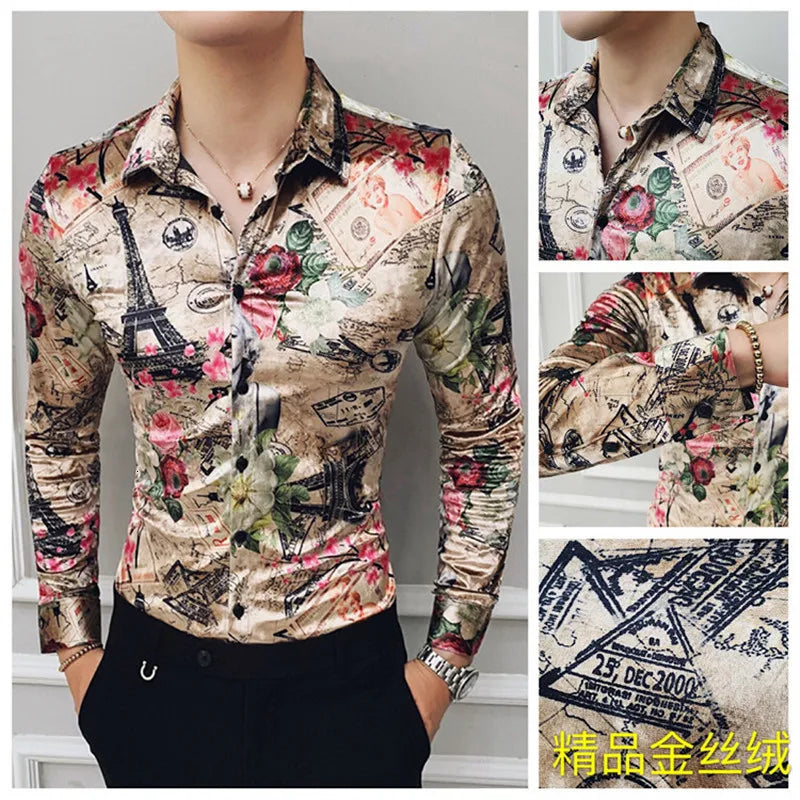 Fashion Print Flannel Clothing Winter Stylish Party Dress Long Sleeves New Shirts Casual Baroque Velvet Shirts Mens Silk Shirts