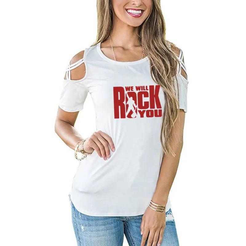 We Will Rock You Women T Shirt Summer Queen Rock Band T-shirt Short Sleeve Rock Roll Womens Off Shoulder Hollow Femme Tops - Lizard Vigilante