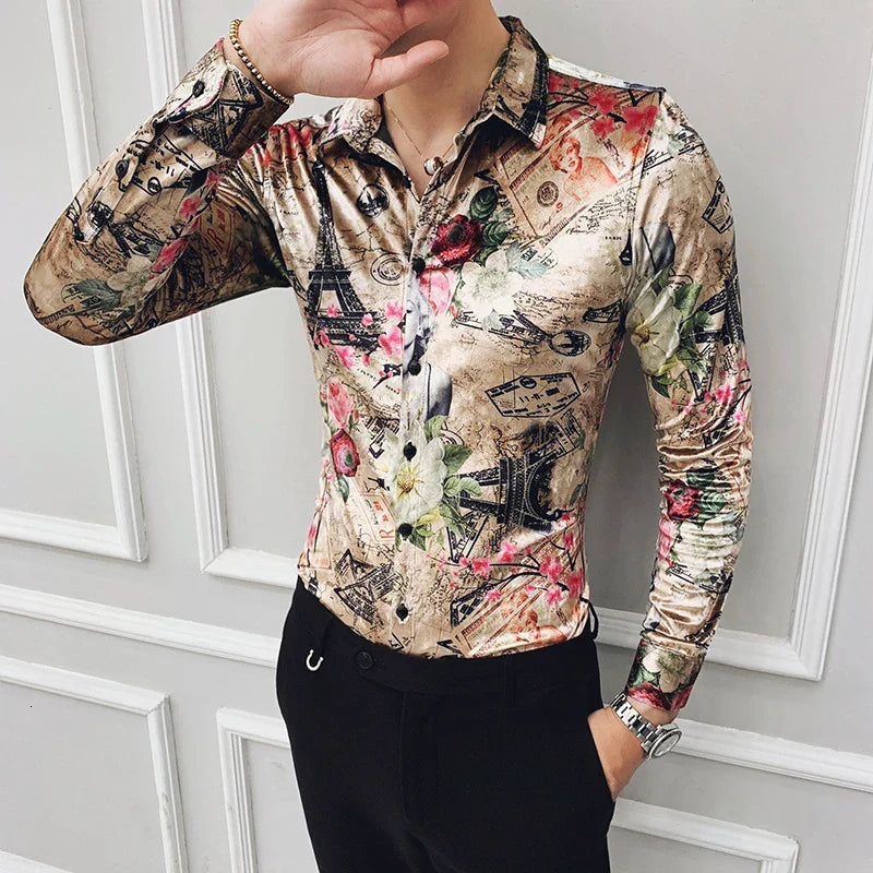 Fashion Print Flannel Clothing Winter Stylish Party Dress Long Sleeves New Shirts Casual Baroque Velvet Shirts Mens Silk Shirts
