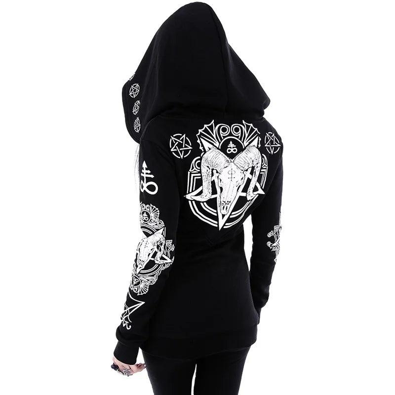 Fashion Trend Women's Winter Irregular Black Punk Hooded Coat Sheep's Head Moon Printed Sweater - Lizard Vigilante