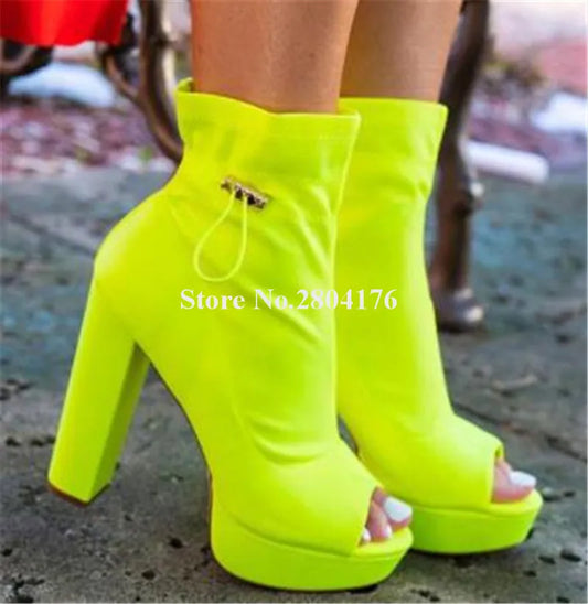 Neon Yellow High Platform Chunky Heel Short Boots - Bold and Fashionable - Premium boots from Lizard Vigilante - Just $88.88! Shop now at Lizard Vigilante