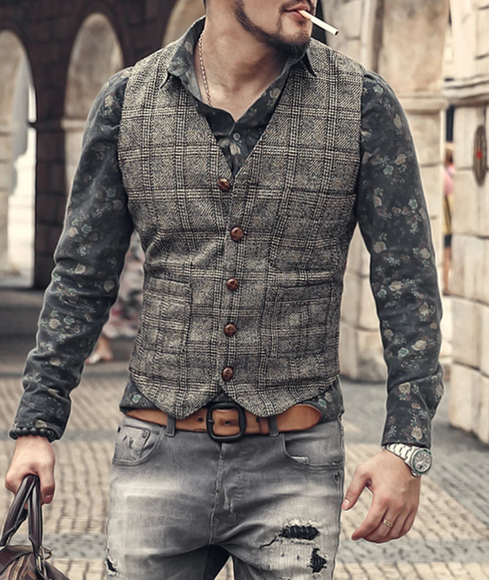 Men’s Vintage Tweed Plaid Vest – Classic Slim Fit Waistcoat for Weddings & Business - Premium vest from Lizard Vigilante - Just $42.88! Shop now at Lizard Vigilante