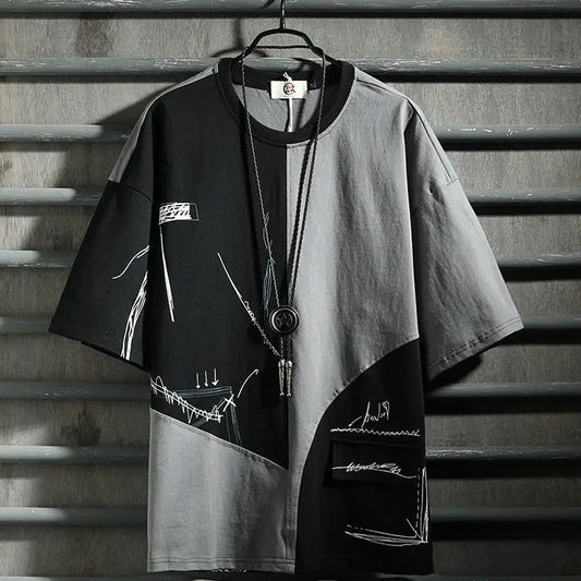 Old style hip hop fashion men's short sleeve T-shirt color matching style tooling 5-sleeve men's T-shirt