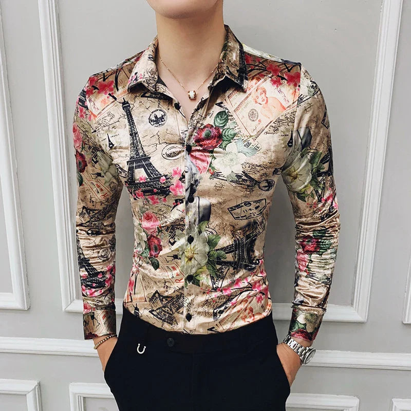 Fashion Print Flannel Clothing Winter Stylish Party Dress Long Sleeves New Shirts Casual Baroque Velvet Shirts Mens Silk Shirts