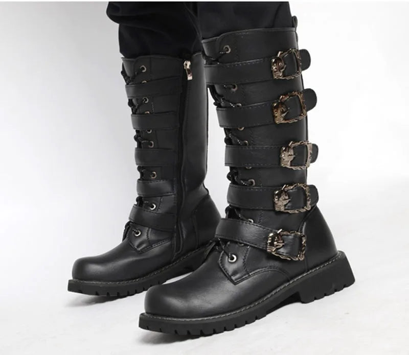 YBQJOO Men's PU Leather Motorcycle Boots | High Over the Knee Gothic Punk Boots | Stylish Buckle Strap Design - Premium boots from Lizard Vigilante - Just $89.99! Shop now at Lizard Vigilante