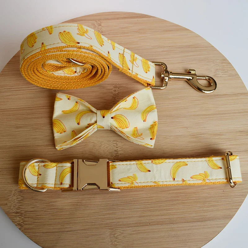 Free Engrave Personalized Banana Design Bow Dog Collar Leash Traction Rope For Small Big  Adjustable Pet Straps Fruit 02