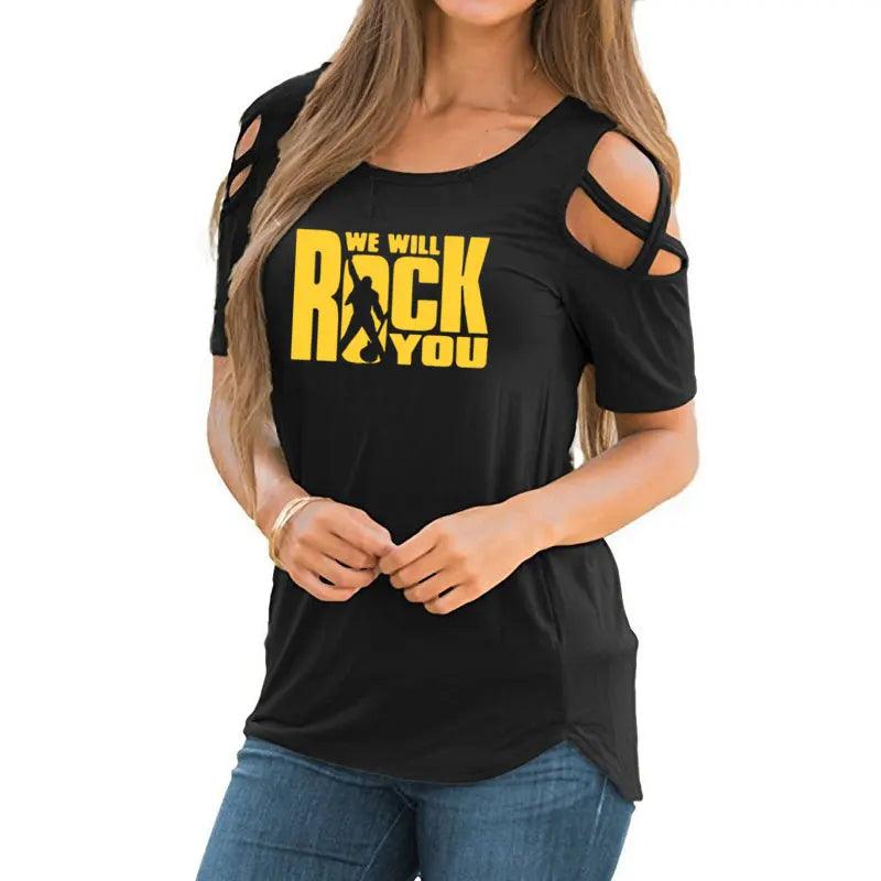 We Will Rock You Women T Shirt Summer Queen Rock Band T-shirt Short Sleeve Rock Roll Womens Off Shoulder Hollow Femme Tops - Lizard Vigilante