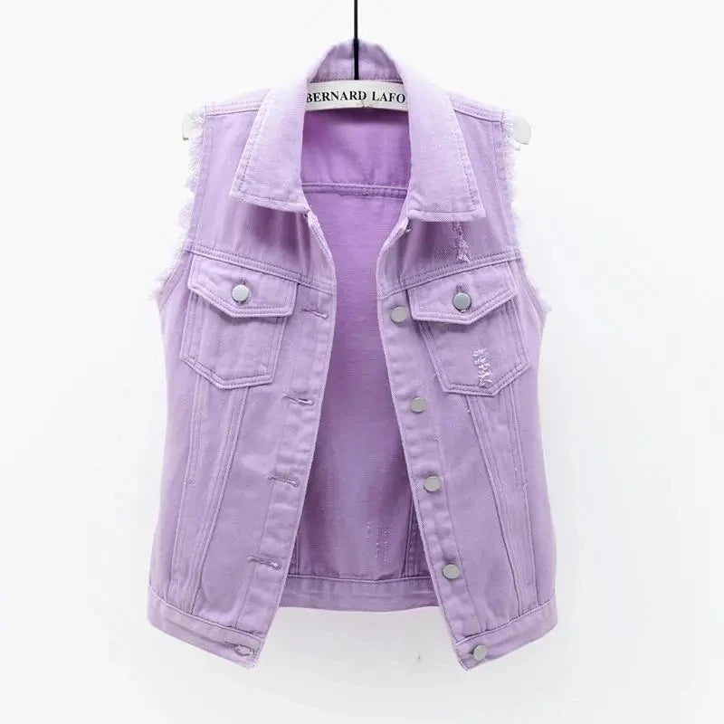 Korean Fashion Pink Denim Vests Women Casual Cowboy Sleevless Jackets Summer Jean Chalecos Mujer Oversize Short Waistcoat - Lizard Vigilante