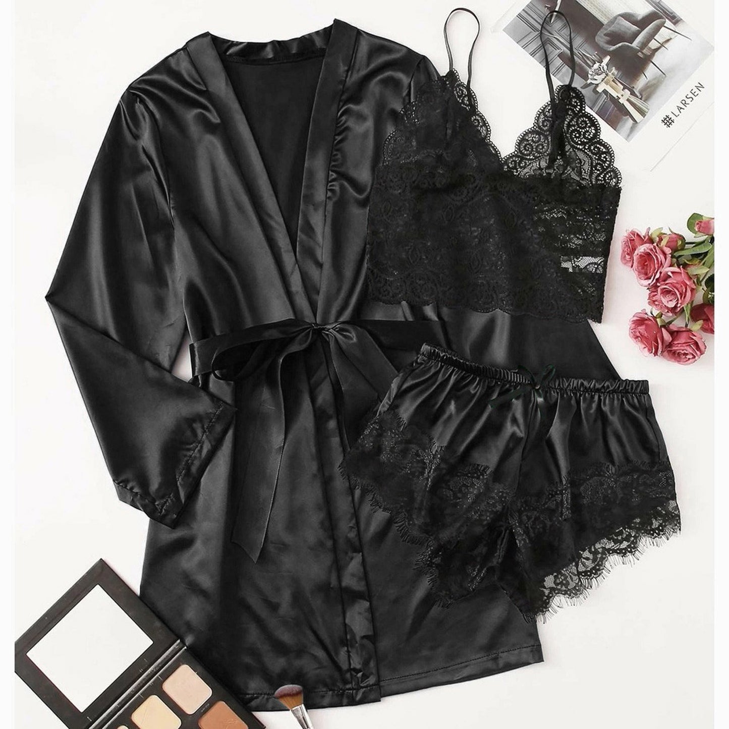 3-Piece Satin Silk Pajamas Set for Women – Sexy Lace Nightwear with Shorts, Robe, and Nightgown Sleepwear - Premium robe from Lizard Vigilante - Just $22.88! Shop now at Lizard Vigilante