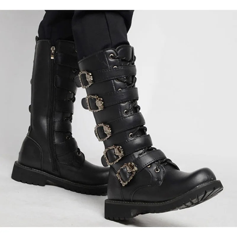 Men's PU Leather Motorcycle Boots High Over the Knee  Boots Gothic Belt Punk Boots Men Shoes Boot - Premium  from Lizard Vigilante - Just $89.99! Shop now at Lizard Vigilante