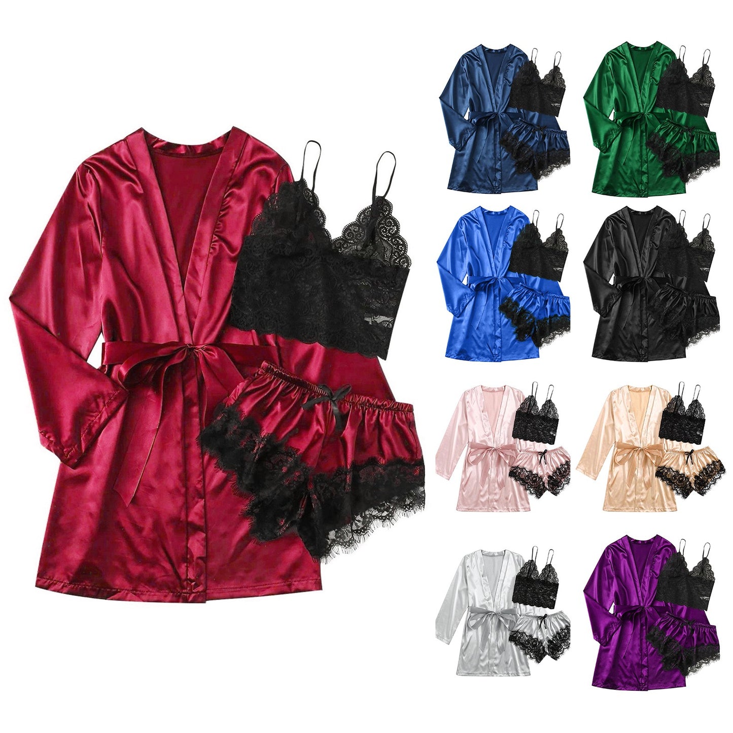 3-Piece Satin Silk Pajamas Set for Women – Sexy Lace Nightwear with Shorts, Robe, and Nightgown Sleepwear - Premium robe from Lizard Vigilante - Just $22.88! Shop now at Lizard Vigilante