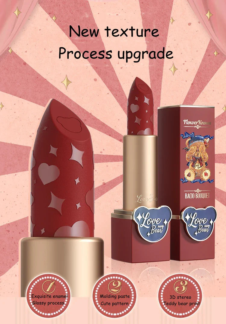 Flower Knows Love Bear Series Matte Moisturizing Lipstick Silky Smooth Renewal Natural Lip Makeup Professional Cosmetic Women