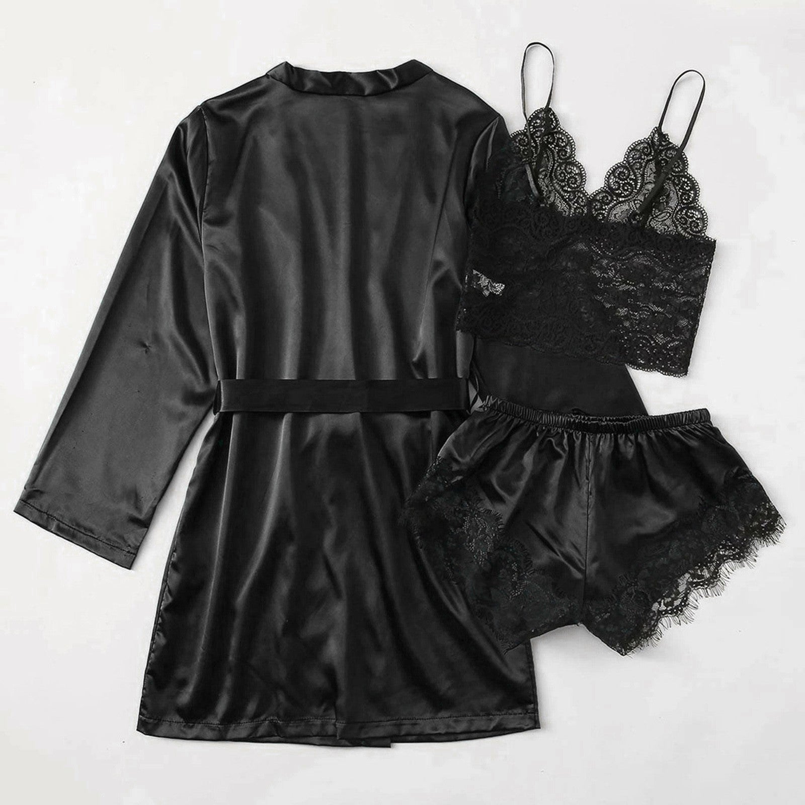 3-Piece Satin Silk Pajamas Set for Women – Sexy Lace Nightwear with Shorts, Robe, and Nightgown Sleepwear - Premium robe from Lizard Vigilante - Just $22.88! Shop now at Lizard Vigilante