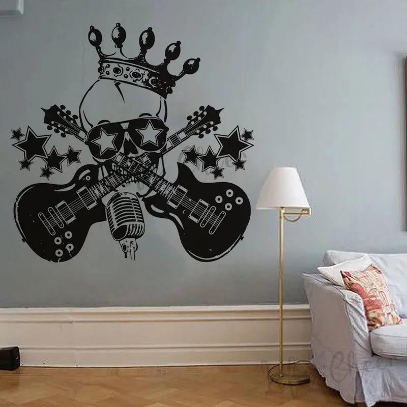 Rock Skull Head Pattern Vinyl Wall Decals Music Guitars Wall Sticker Microphone With Stars Wall Murals Decoration Art - Lizard Vigilante