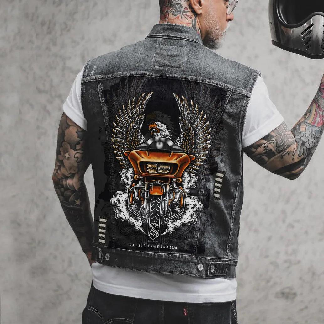 Street Motorcycle Show Winged Eagle Printing Casual Heavy Craftsmanship Worn Out Washed Men's Denim - Lizard Vigilante