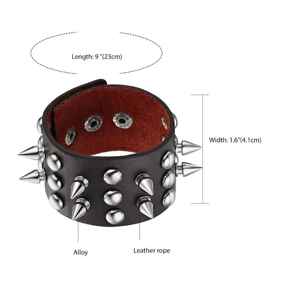 Boniskiss Punk Gothic Heavy Rivet Spike Stud Cone Wide PU Leather Cuff Bracelet Men Womens Wristband Cosplay Rock Unisex Jewelry - Premium  from Lizard Vigilante - Just $12.99! Shop now at Lizard Vigilante