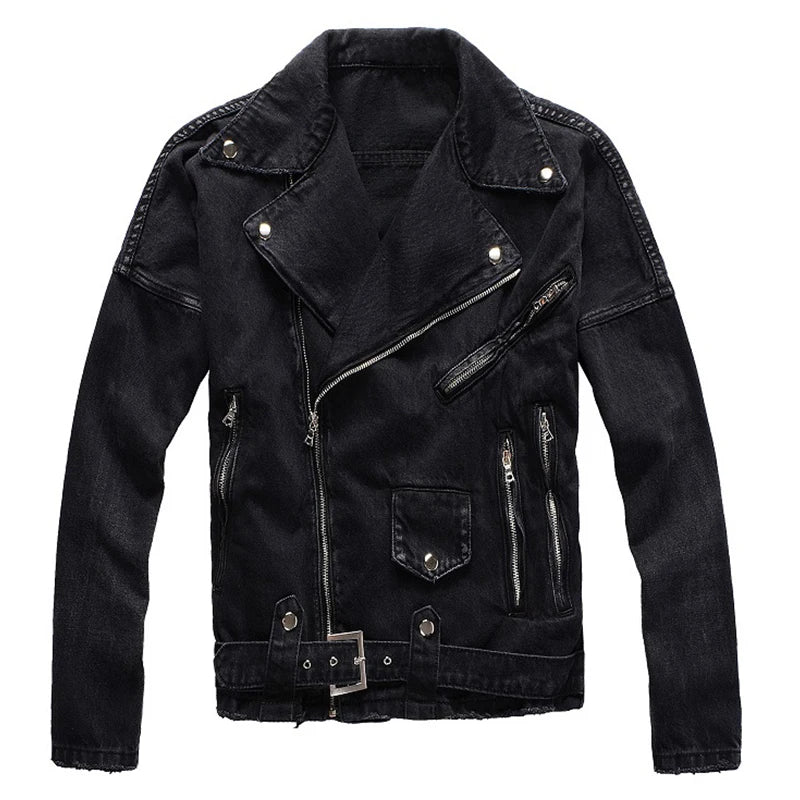 Sokotoo Men's Black Biker Denim Jacket – Streetwear Slim Fit Coat with Belt and Zipper Accents - Premium jacket from Lizard Vigilante - Just $131.99! Shop now at Lizard Vigilante