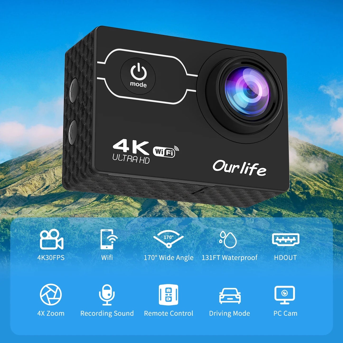 2025 new 4K Ultra HD wide angle sport dv 2.0 inch action camera with full accessories 1350 mAh battery