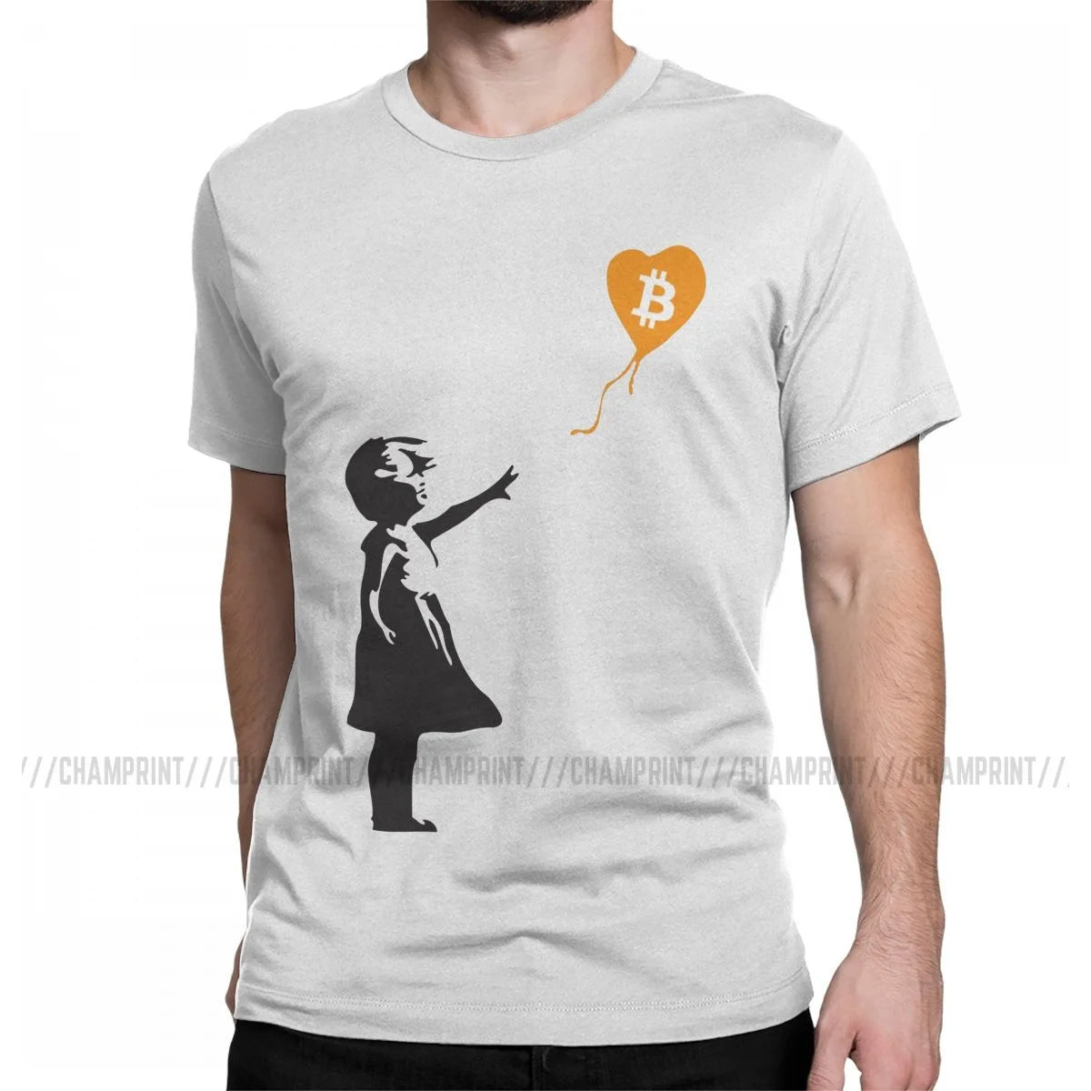 Awesome Bitcoin Balloon Girl Banksy T-Shirt For Men 100% Cotton Crypto BTC Short Sleeve Tee Shirt Graphic Clothes